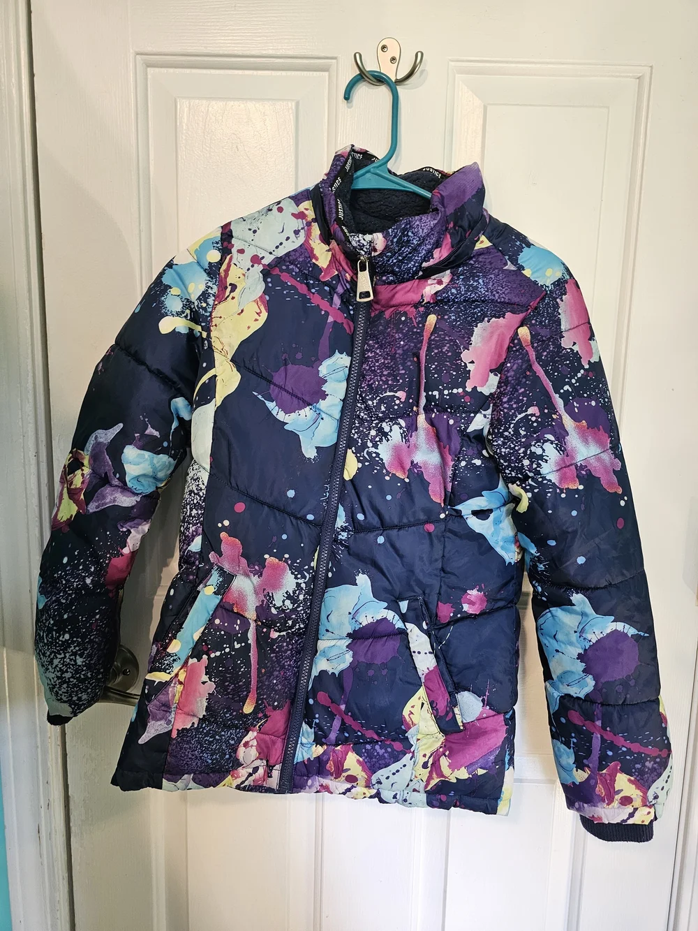 Justice Colorful Abstract Print Puffer Jacket - Multicolor Size M